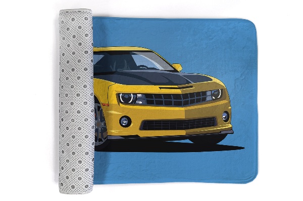Tapis Voiture de sport jaune sur fond bleu