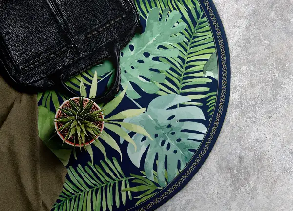 Tapis vinyle rond feuilles tropicales