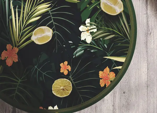 Tapis vinyle rond feuilles tropicales