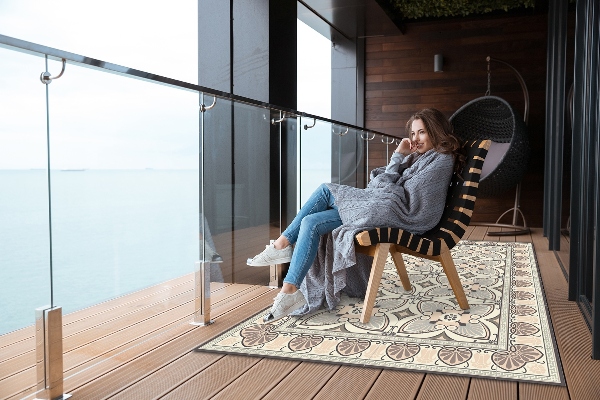 Tapis terrasse Plumes de paon vintage